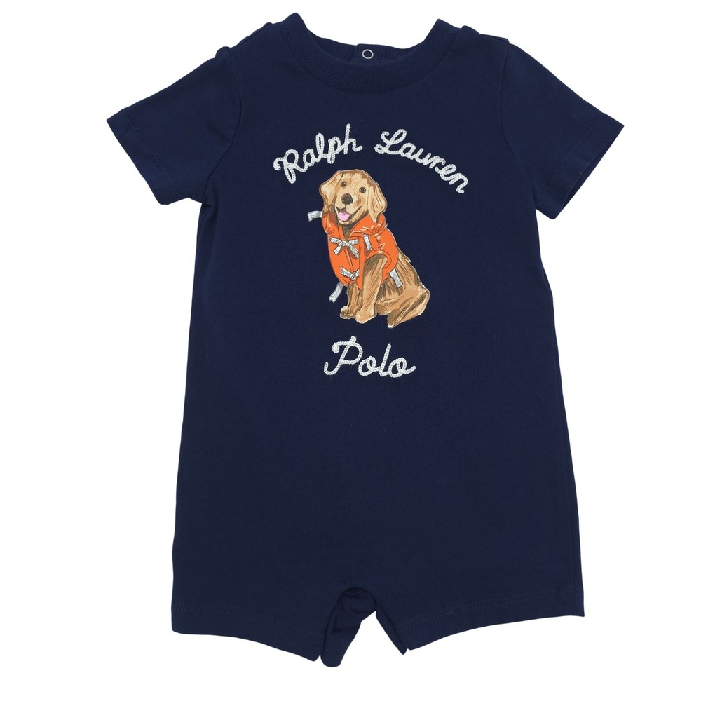 Ralph Lauren Baby Boys Dog-Print Cotton Jersey Shortall Navy Blue 6M